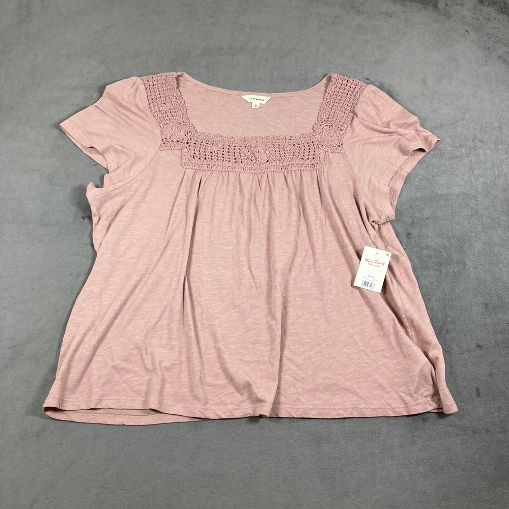 Lucky Brand Woodrose Pink Crochet Lace Yoke Cotton Top XL NWT